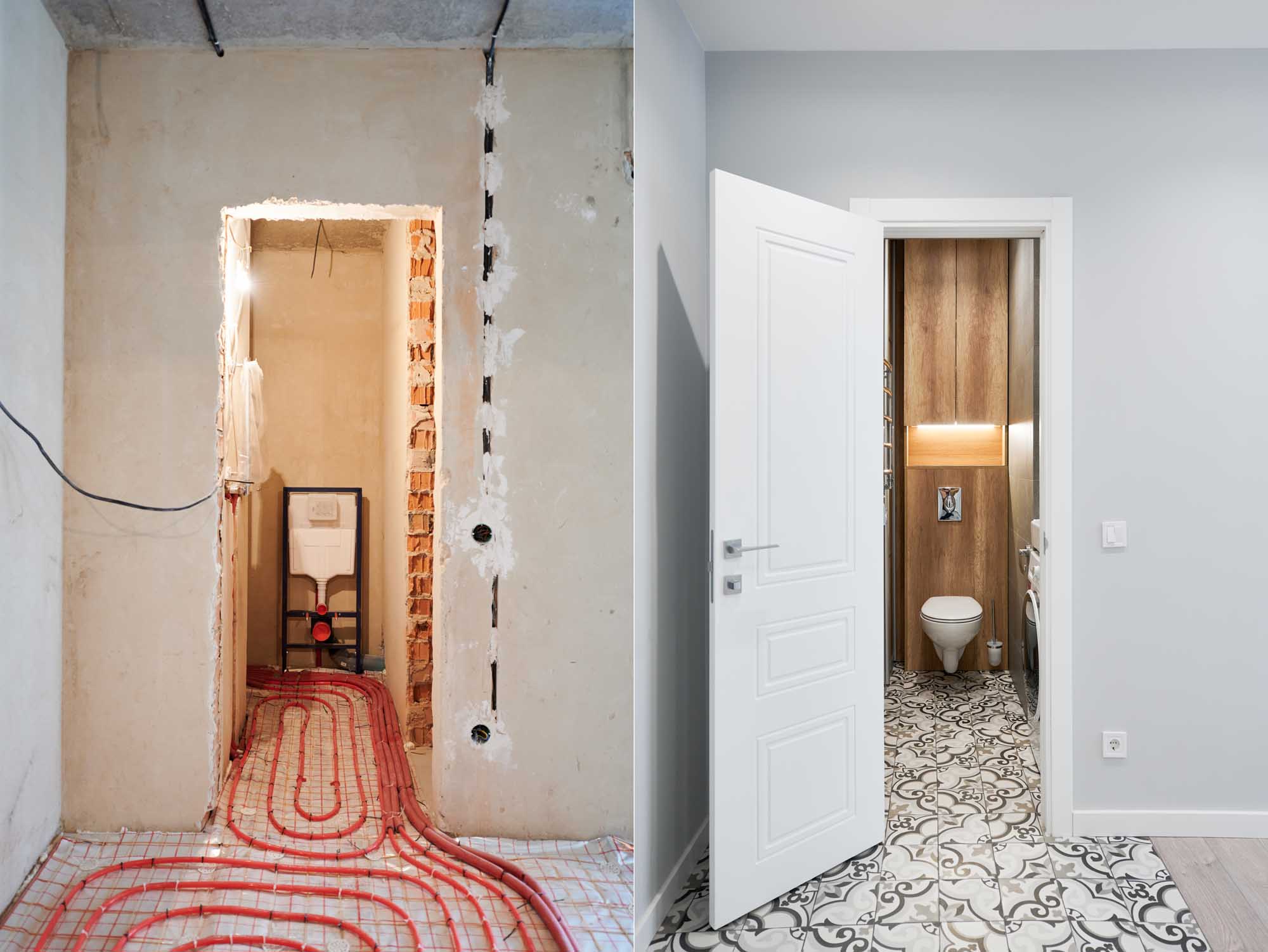 Comparison of bathroom with wall-hung toilet and heated floor before and after refurbishment. Old apartment restroom with underfloor heating pipes and new renovated flat with modern toilet.