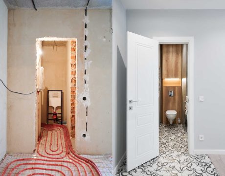 Comparison of bathroom with wall-hung toilet and heated floor before and after refurbishment. Old apartment restroom with underfloor heating pipes and new renovated flat with modern toilet.